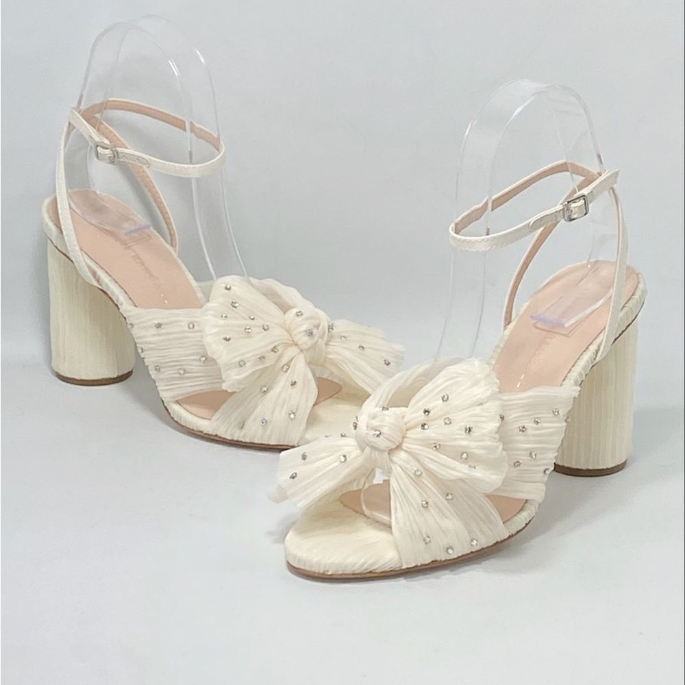 Loeffler Randall Camellia Pearl Rhinestone Bow Heel Sandals size 6.5